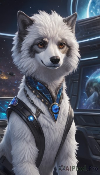 solo,smile,brown eyes,jewelry,upper body,necklace,collar,orange eyes,no humans,animal,brooch,gem,star (sky),dog,space,animal focus,planet,earth (planet),looking at viewer,sky,artist name,window,starry sky,wolf