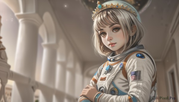 1girl,solo,looking at viewer,short hair,bangs,brown hair,long sleeves,brown eyes,jewelry,closed mouth,upper body,grey hair,earrings,artist name,indoors,mole,blurry,lips,depth of field,blurry background,crown,red lips,flag,pillar,american flag,spacesuit,space helmet,astronaut,blonde hair,hat,parted lips,crossed arms,realistic,nose,column