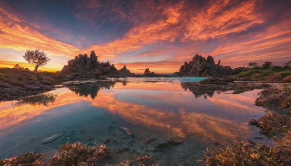 outdoors, sky, cloud, water, tree, no humans, cloudy sky, nature, scenery, reflection, sunset, river, landscape