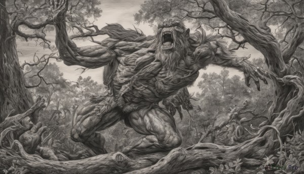 solo,open mouth,1boy,standing,monochrome,flower,greyscale,male focus,outdoors,teeth,tree,no humans,muscular,fangs,sharp teeth,nature,claws,forest,monster,extra arms,horror (theme),sky,cloud,plant,branch,vines