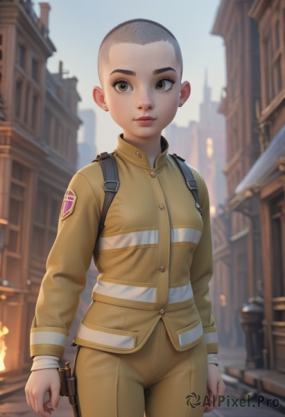 1girl,solo,breasts,looking at viewer,short hair,brown hair,long sleeves,brown eyes,jewelry,standing,jacket,weapon,cowboy shot,earrings,small breasts,outdoors,day,pants,bag,blurry,uniform,lips,gun,military,military uniform,blurry background,backpack,building,handgun,freckles,city,realistic,holster,bald,very short hair,soldier,smile,green eyes,nose,stud earrings,yellow pants