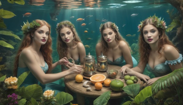 long hair,breasts,looking at viewer,smile,blue eyes,multiple girls,blonde hair,large breasts,brown hair,hair ornament,dress,cleavage,bare shoulders,brown eyes,jewelry,medium breasts,sitting,collarbone,flower,parted lips,food,hair flower,water,cup,lips,strapless,4girls,makeup,fruit,blue dress,leaf,wavy hair,table,sunlight,plant,lipstick,strapless dress,fish,bubble,light rays,underwater,red lips,air bubble,teapot,head wreath,sunbeam,orange (fruit),jar,lily pad,bangs,holding,closed mouth,braid,teeth,day,artist name,signature,tree,grey eyes,watermark,knife,bowl,green dress,spoon,cherry,grapes,mandarin orange,lemon,orange slice