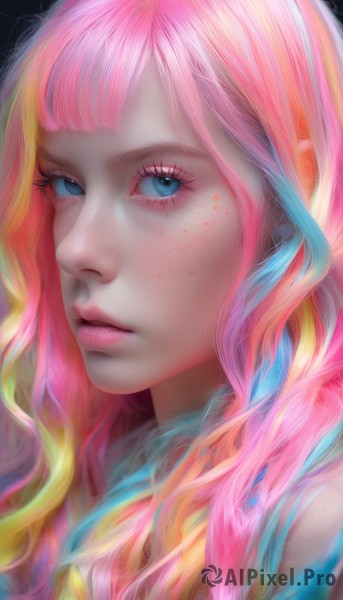 1girl,solo,long hair,looking at viewer,bangs,blue eyes,blonde hair,closed mouth,blue hair,pink hair,multicolored hair,parted lips,artist name,lips,eyelashes,gradient hair,makeup,watermark,wavy hair,portrait,web address,close-up,eyeshadow,freckles,pink lips,realistic,nose,eyeliner,mascara,rainbow hair,blunt bangs,streaked hair,expressionless,black background