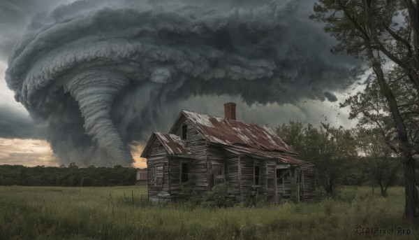 outdoors,sky,day,cloud,tree,no humans,window,cloudy sky,grass,building,nature,scenery,forest,smoke,monster,door,house,rope,shrine