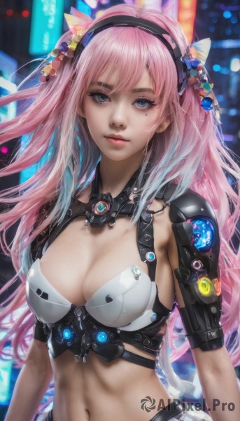 1girl,solo,long hair,breasts,looking at viewer,bangs,blue eyes,large breasts,hair ornament,navel,cleavage,medium breasts,closed mouth,upper body,pink hair,multicolored hair,hairband,midriff,mole,blurry,two side up,lips,mole under eye,gradient hair,makeup,blurry background,science fiction,realistic,parted lips,stomach,armor,eyelashes,cyberpunk