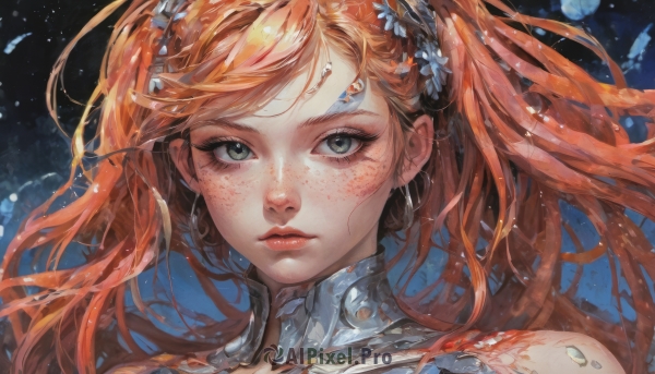 1girl,solo,long hair,looking at viewer,hair ornament,twintails,jewelry,closed mouth,green eyes,earrings,orange hair,lips,grey eyes,eyelashes,makeup,floating hair,portrait,freckles,nose,bangs,blue eyes,bare shoulders,flower,red hair,hair flower,blue background,expressionless,realistic,red lips