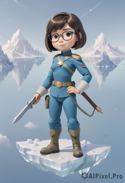 1girl,solo,breasts,looking at viewer,smile,short hair,blue eyes,simple background,brown hair,white background,holding,closed mouth,standing,full body,weapon,small breasts,boots,sky,glasses,belt,pants,sword,cloud,holding weapon,uniform,blue sky,hand on hip,military,no humans,military uniform,brown footwear,holding sword,knife,sheath,epaulettes,ice,long sleeves,day,lips,gun,blue theme,floating island