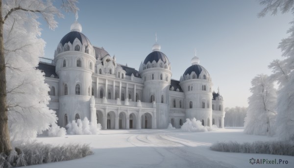 outdoors,sky,day,cloud,tree,blue sky,no humans,grass,building,scenery,snow,winter,bare tree,castle,tower,fantasy,road,fog,path