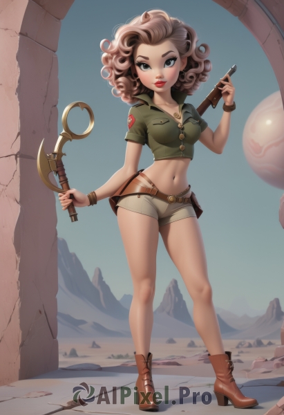 1girl,solo,breasts,looking at viewer,brown hair,shirt,navel,holding,cleavage,jewelry,medium breasts,standing,collarbone,full body,weapon,short sleeves,thighs,boots,outdoors,parted lips,sky,shorts,day,midriff,belt,artist name,signature,medium hair,necklace,stomach,holding weapon,high heels,bracelet,blue sky,lips,crop top,grey eyes,short shorts,makeup,brown footwear,thick eyebrows,lipstick,wristband,high heel boots,contrapposto,curly hair,pocket,pouch,rock,fantasy,green shirt,red lips,ankle boots,breast pocket,badge,belt pouch,brown shorts,long hair,smile,black eyes,legs,bare legs,watermark