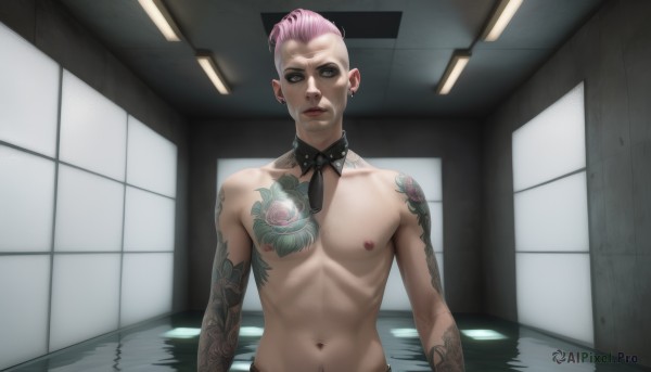 solo,looking at viewer,short hair,1boy,navel,brown eyes,jewelry,nipples,upper body,pink hair,male focus,nude,earrings,parted lips,necktie,teeth,indoors,collar,lips,tattoo,makeup,detached collar,piercing,ear piercing,arm tattoo,nipple piercing,very short hair,shoulder tattoo,undercut,stomach tattoo,neck tattoo,lip piercing,1girl,collarbone,tongue,water,window,scar,abs,black necktie,topless male,pool,mohawk