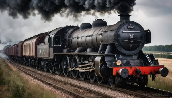 weapon,outdoors,sky,day,cloud,tree,military,no humans,grass,fire,ground vehicle,motor vehicle,smoke,cannon,military vehicle,tank,vehicle focus,machine gun,caterpillar tracks,world war ii,cloudy sky,realistic,train,railroad tracks