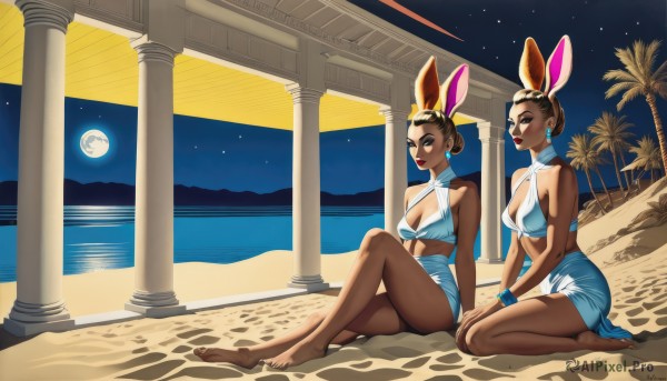 breasts,smile,short hair,multiple girls,skirt,brown hair,2girls,animal ears,cleavage,bare shoulders,brown eyes,jewelry,medium breasts,sitting,swimsuit,full body,bikini,earrings,outdoors,sky,barefoot,artist name,dark skin,water,hair bun,rabbit ears,mole,bracelet,feet,dark-skinned female,tree,lips,blue skirt,bare legs,makeup,toes,night,fake animal ears,holding hands,ocean,halterneck,watermark,white bikini,beach,moon,single hair bun,lipstick,tan,star (sky),night sky,bikini top only,eyewear on head,full moon,blue bikini,starry sky,toenails,sand,palm tree,red lips,pillar,column,blue eyes,navel,small breasts,choker,kneeling,soles,thick eyebrows,eyeshadow,hoop earrings,nose,rabbit girl,criss-cross halter,updo,viera