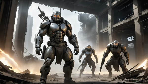 HQ,holding,standing,weapon,male focus,multiple boys,sword,signature,2boys,holding weapon,armor,gun,muscular,glowing,3boys,helmet,fire,robot,muscular male,building,mecha,glowing eyes,pelvic curtain,rifle,science fiction,assault rifle,ruins,multiple others,power armor,power suit,3others,full armor,soldier,dust