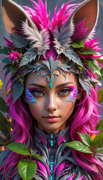 1girl,solo,long hair,looking at viewer,hair ornament,animal ears,brown eyes,closed mouth,yellow eyes,upper body,pink hair,purple hair,flower,multicolored hair,artist name,signature,hair flower,rabbit ears,two-tone hair,lips,animal ear fluff,eyelashes,gradient hair,makeup,glowing,leaf,facial mark,feathers,plant,lipstick,portrait,eyeshadow,freckles,science fiction,pink lips,nose,eyeliner,cyborg,mascara,green eyes,bodysuit,realistic