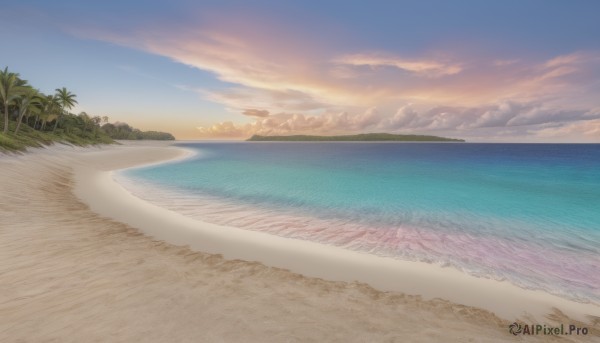 outdoors,sky,day,cloud,water,tree,blue sky,no humans,ocean,beach,cloudy sky,grass,nature,scenery,sunset,sand,palm tree,sun,horizon,evening,gradient sky,shore,orange sky,waves,island