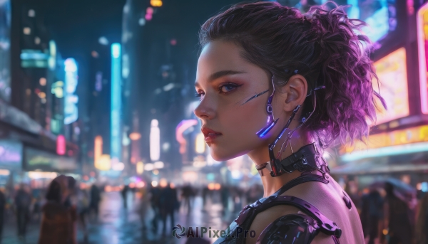 1girl, looking at viewer, short hair, blue eyes, upper body, purple hair, parted lips, solo focus, choker, blurry, from side, lips, night, blurry background, science fiction, city, realistic, nose, android, cyborg, cyberpunk