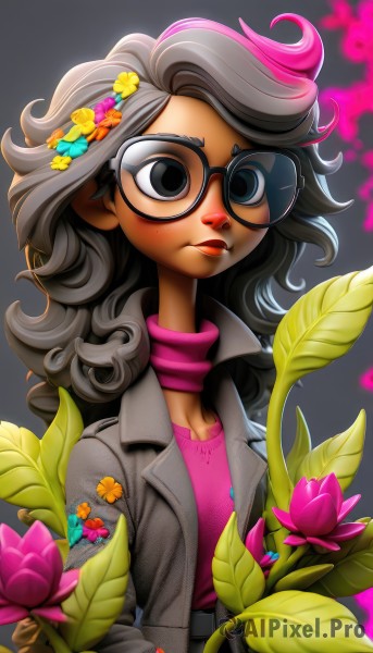 1girl,solo,long hair,breasts,shirt,black hair,hair ornament,long sleeves,cleavage,jacket,upper body,pink hair,flower,grey hair,multicolored hair,open clothes,glasses,belt,pants,artist name,hair flower,dark skin,grey background,scarf,black eyes,two-tone hair,open jacket,dark-skinned female,lips,streaked hair,makeup,leaf,wavy hair,lipstick,candy,pink flower,eyeshadow,personification,freckles,black-framed eyewear,curly hair,pink shirt,nose,round eyewear,watermark,bug,denim,web address