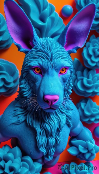 solo,looking at viewer,closed mouth,full body,flower,pokemon (creature),no humans,rose,animal,from above,looking up,colored sclera,blue flower,realistic,orange background,blue rose,animal focus,yellow sclera,whiskers,standing,yellow eyes,signature,orange eyes,red background,rabbit