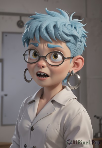 1girl,solo,looking at viewer,short hair,open mouth,shirt,long sleeves,brown eyes,jewelry,blue hair,yellow eyes,white shirt,upper body,earrings,small breasts,glasses,teeth,collared shirt,indoors,blurry,dress shirt,buttons,blurry background,thick eyebrows,sharp teeth,freckles,black-framed eyewear,hoop earrings,very short hair,messy hair,realistic