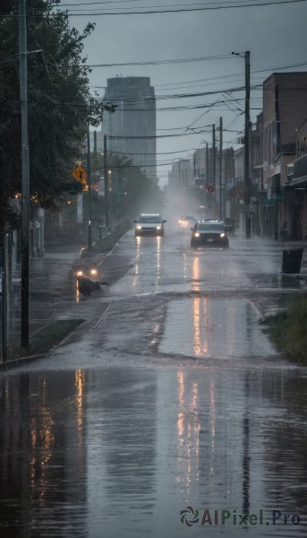 outdoors,sky,cloud,water,tree,no humans,night,cloudy sky,ground vehicle,building,scenery,motor vehicle,reflection,rain,city,sign,car,road,cityscape,power lines,lamppost,street,skyscraper,utility pole,road sign,puddle,grey sky,traffic light,crosswalk,sidewalk,dark