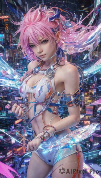 1girl,solo,long hair,breasts,looking at viewer,blue eyes,hair ornament,navel,cleavage,bare shoulders,jewelry,medium breasts,weapon,pink hair,cowboy shot,bracelet,lips,knife,armlet,science fiction,city,realistic,cityscape,cyberpunk,green eyes,shorts,midriff,grey eyes,short shorts,armband