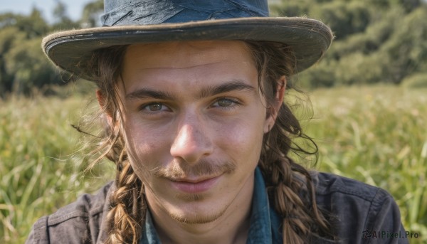 solo,long hair,looking at viewer,smile,brown hair,shirt,1boy,hat,brown eyes,closed mouth,jacket,braid,male focus,outdoors,day,collared shirt,blurry,twin braids,lips,depth of field,blurry background,facial hair,blue shirt,portrait,beard,realistic,nose,mustache,thick eyebrows,grass,denim,denim jacket