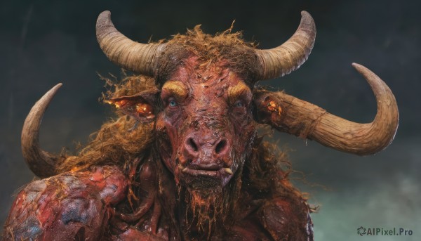 solo,looking at viewer,blue eyes,1boy,upper body,male focus,horns,teeth,no humans,glowing,facial hair,fangs,portrait,glowing eyes,1other,monster,broken horn,tusks,open mouth,skull,extra eyes,horror (theme)