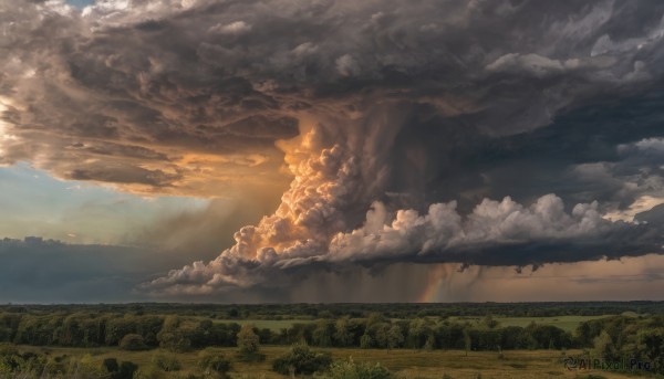 outdoors,sky,day,cloud,water,tree,no humans,sunlight,cloudy sky,nature,scenery,forest,sunset,mountain,fantasy,field,river,landscape,grass,horizon