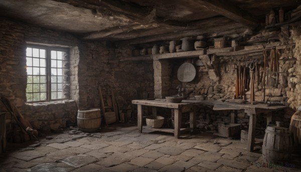 day,indoors,no humans,window,chair,sunlight,scenery,wooden floor,fantasy,bucket,wall,ruins,barrel,treasure chest,stone wall,crate,wood,table,bottle,brick wall,stool,brick