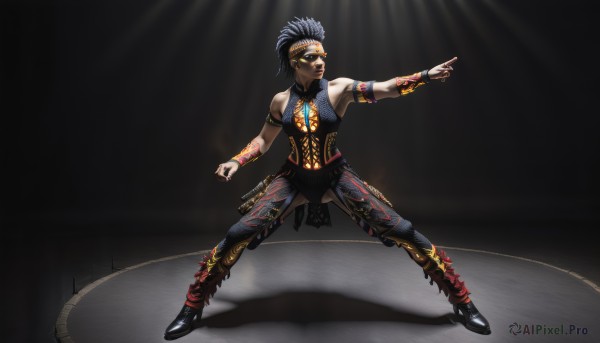 1girl,solo,breasts,short hair,black hair,gloves,bare shoulders,jewelry,medium breasts,standing,full body,earrings,boots,fingerless gloves,black footwear,high heels,official alternate costume,tattoo,mask,headband,glowing,spiked hair,pointing,goggles,armlet,legs apart,spotlight,pants,dark skin,piercing,armband,dreadlocks