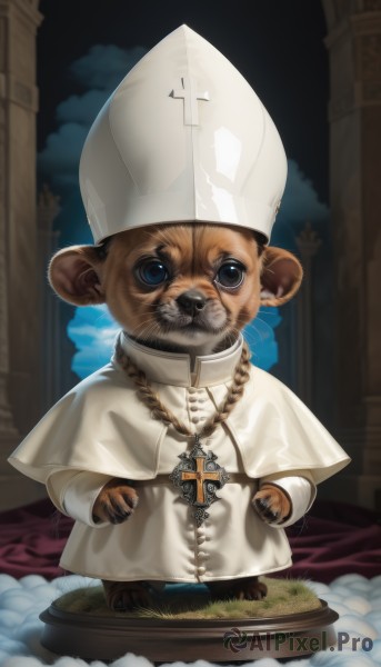 solo,looking at viewer,blue eyes,long sleeves,1boy,hat,jewelry,standing,full body,male focus,sky,cloud,necklace,blurry,no humans,capelet,animal,white headwear,cross,furry,robe,furry male,cross necklace,white capelet,animal focus,latin cross,chef hat,priest,mitre,pillar,faux figurine