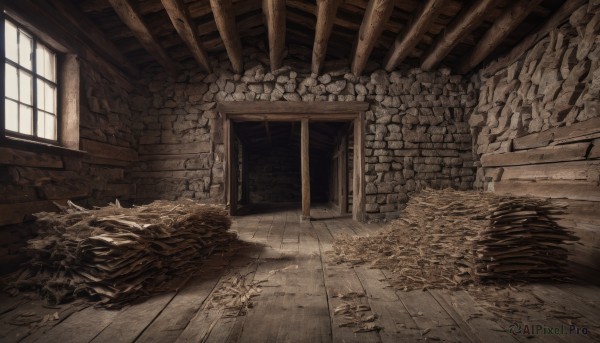 monochrome,day,indoors,no humans,window,sunlight,scenery,wooden floor,stairs,door,wall,ruins,wood,plant,brick wall,broken,crack,ceiling,brick,brick floor,broken window