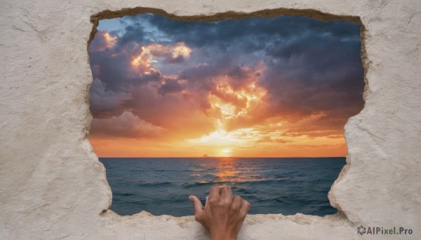 1boy,outdoors,sky,cloud,water,no humans,pov,ocean,beach,sunlight,cloudy sky,scenery,1other,reflection,out of frame,sunset,sun,horizon,pov hands,photo (object),sand,shore,sunrise