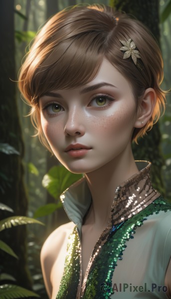 1girl,solo,looking at viewer,short hair,bangs,brown hair,shirt,hair ornament,brown eyes,jewelry,closed mouth,green eyes,upper body,flower,earrings,outdoors,sleeveless,day,artist name,hair flower,blurry,tree,lips,eyelashes,blurry background,swept bangs,leaf,sunlight,plant,nature,forest,freckles,realistic,nose,stud earrings,dappled sunlight,bare shoulders,necklace,portrait,butterfly hair ornament