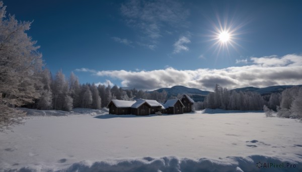 outdoors,sky,day,cloud,tree,blue sky,no humans,sunlight,cloudy sky,ground vehicle,building,nature,scenery,snow,forest,mountain,sun,house,winter,landscape,pine tree,road,bare tree,footprints