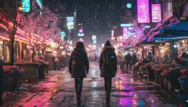 1girl, multiple girls, 2girls, standing, pantyhose, outdoors, sky, hood, bag, from behind, tree, coat, night, backpack, cherry blossoms, building, night sky, scenery, snow, city, sign, road, winter, lamppost, street, neon lights