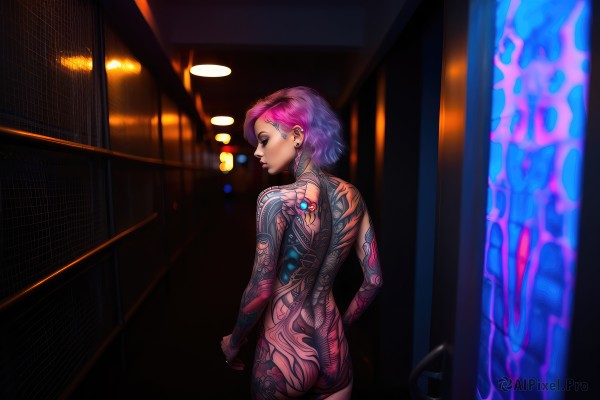 1girl,solo,short hair,jewelry,standing,closed eyes,pink hair,purple hair,ass,nude,earrings,looking back,from behind,lips,tattoo,makeup,night,back,piercing,ear piercing,science fiction,undercut,cyberpunk,back tattoo,nose piercing,neon lights,full-body tattoo,multicolored hair,bracelet,eyeshadow,nose,eyebrow piercing