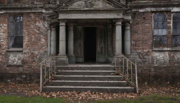 outdoors,day,tree,no humans,window,leaf,grass,building,scenery,stairs,door,autumn leaves,ruins,stone stairs,plant,rain,fence,railing,brick wall,arch,gate,broken window