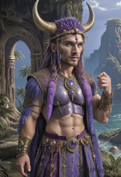 solo,long hair,looking at viewer,blue eyes,skirt,1boy,navel,jewelry,closed mouth,standing,purple eyes,purple hair,male focus,cowboy shot,earrings,outdoors,horns,sky,day,midriff,cloud,hand up,signature,water,necklace,stomach,cape,armor,blurry,bracelet,tree,blue sky,lips,crop top,muscular,blurry background,facial hair,abs,feathers,muscular male,gem,beard,armlet,arm at side,toned,purple skirt,rock,mature male,realistic,nose,fantasy,palm tree,horn ornament,fake horns,bracer,purple cape,artist name,watermark,ring,web address,manly