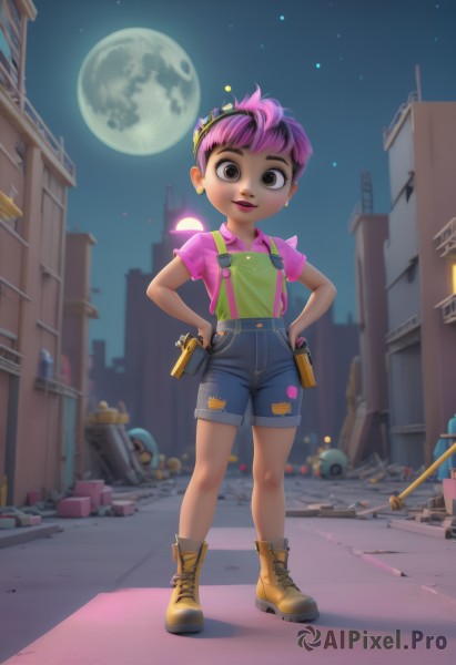 1girl,solo,looking at viewer,smile,short hair,open mouth,bangs,shirt,holding,brown eyes,jewelry,standing,full body,weapon,pink hair,purple hair,short sleeves,multicolored hair,earrings,boots,outdoors,sky,shorts,teeth,collared shirt,artist name,dark skin,holding weapon,flat chest,two-tone hair,dark-skinned female,lips,gun,makeup,night,upper teeth only,brown footwear,moon,suspenders,denim,lipstick,goggles,ground vehicle,building,child,star (sky),holding gun,night sky,motor vehicle,full moon,handgun,cross-laced footwear,starry sky,blue shorts,denim shorts,pink shirt,hands on hips,city,lace-up boots,female child,car,stud earrings,overalls,very short hair,lamppost,yellow footwear,overall shorts,torn clothes,short shorts,watermark,web address,nose,debris,blue overalls