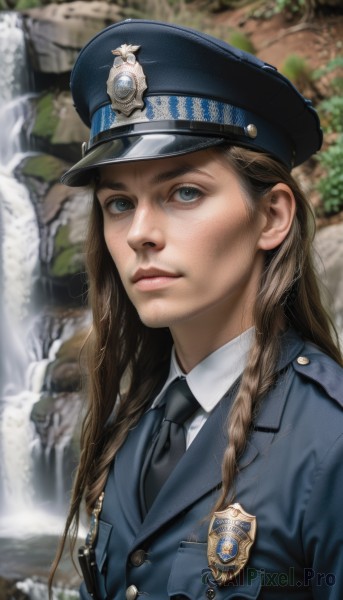 1girl,solo,long hair,looking at viewer,blue eyes,brown hair,shirt,hat,closed mouth,jacket,white shirt,upper body,braid,outdoors,necktie,collared shirt,water,blurry,uniform,twin braids,lips,grey eyes,military,military uniform,buttons,blurry background,wing collar,blue jacket,peaked cap,black necktie,blue headwear,freckles,pocket,military hat,realistic,nose,breast pocket,badge,police,police uniform,waterfall,policewoman,medal,police hat