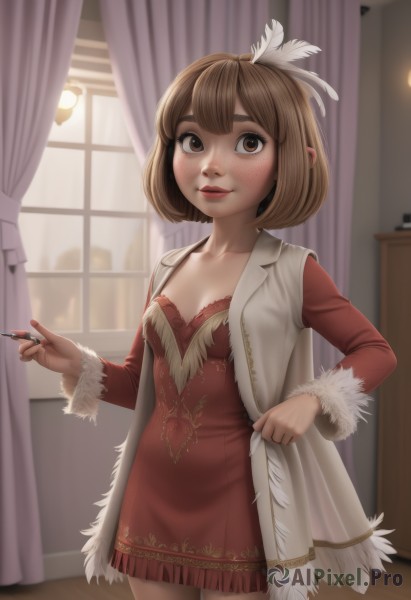 1girl,solo,breasts,looking at viewer,blush,smile,short hair,bangs,brown hair,hair ornament,long sleeves,dress,holding,cleavage,brown eyes,closed mouth,standing,collarbone,cowboy shot,small breasts,indoors,nail polish,lips,coat,fur trim,window,makeup,short dress,red dress,bob cut,feathers,lipstick,curtains,red nails,freckles,red lips,feather hair ornament,artist name,thick eyebrows