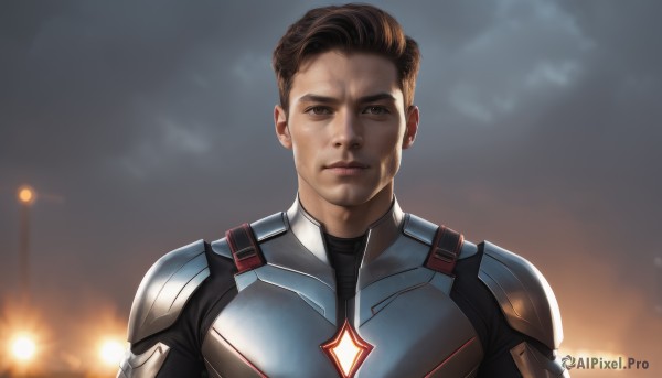 solo,looking at viewer,brown hair,1boy,brown eyes,closed mouth,upper body,male focus,sky,armor,blurry,blurry background,realistic,superhero,short hair,outdoors,lips,bodysuit,portrait