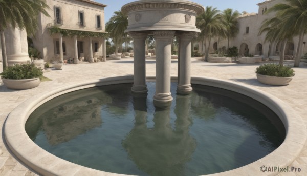 outdoors,sky,day,water,tree,blue sky,no humans,window,plant,building,scenery,reflection,city,palm tree,door,pool,potted plant,bush,pillar,boat,arch,fountain,cloud,shadow,sand,road,architecture,column,pavement,reflective water