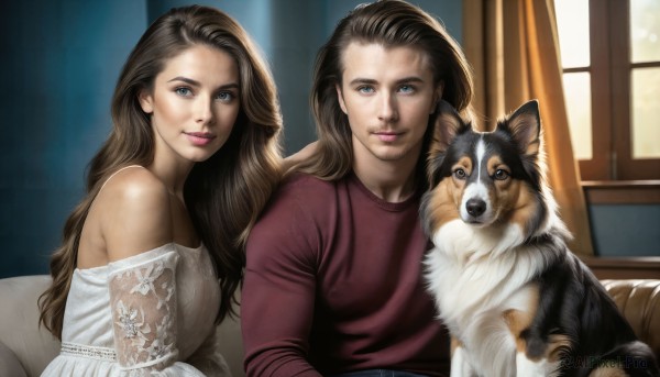 HQ,1girl,long hair,looking at viewer,smile,blue eyes,brown hair,shirt,1boy,dress,bare shoulders,sitting,indoors,off shoulder,white dress,lips,window,siblings,animal,curtains,dog,twins,realistic,brother and sister,nose,multiple girls,2girls,sisters,couch,mother and daughter,family