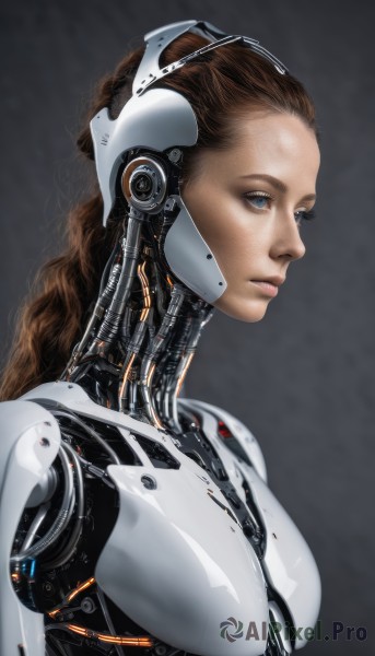 1girl,solo,long hair,breasts,blue eyes,simple background,brown hair,medium breasts,upper body,grey background,lips,bodysuit,makeup,headgear,science fiction,realistic,nose,android,cyborg,mechanical parts,from side,profile,expressionless,cable