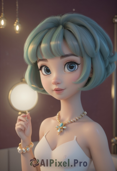 1girl,solo,breasts,looking at viewer,smile,short hair,bangs,blue eyes,dress,cleavage,bare shoulders,jewelry,blue hair,collarbone,upper body,earrings,small breasts,parted lips,green hair,teeth,artist name,hand up,blunt bangs,necklace,white dress,bracelet,lips,fingernails,eyelashes,strapless,makeup,strapless dress,freckles,beads,pink lips,lamp,pearl necklace,mascara,pearl bracelet,bulma,holding,indoors,aqua hair,watermark,mirror