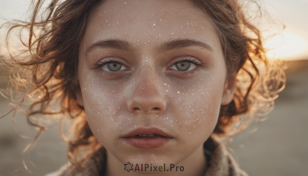 1girl,solo,looking at viewer,brown hair,brown eyes,parted lips,teeth,blurry,lips,eyelashes,floating hair,depth of field,blurry background,thick eyebrows,portrait,close-up,freckles,curly hair,realistic,nose,short hair,sunlight,wind