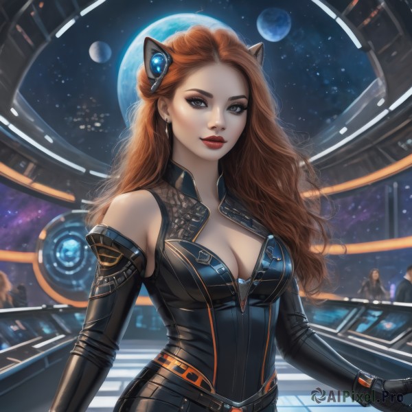 1girl,solo,long hair,breasts,looking at viewer,large breasts,brown hair,hair ornament,gloves,animal ears,cleavage,bare shoulders,brown eyes,jewelry,medium breasts,earrings,parted lips,solo focus,black gloves,elbow gloves,belt,cat ears,orange hair,lips,grey eyes,clothing cutout,bodysuit,makeup,watermark,cleavage cutout,lipstick,star (sky),science fiction,realistic,red lips,space,planet,earth (planet),upper body,red hair,detached sleeves,wavy hair,eyeshadow,nose,black bodysuit