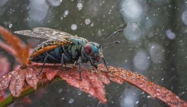 flower, wings, blurry, no humans, depth of field, animal, bug, snowing, realistic, antennae